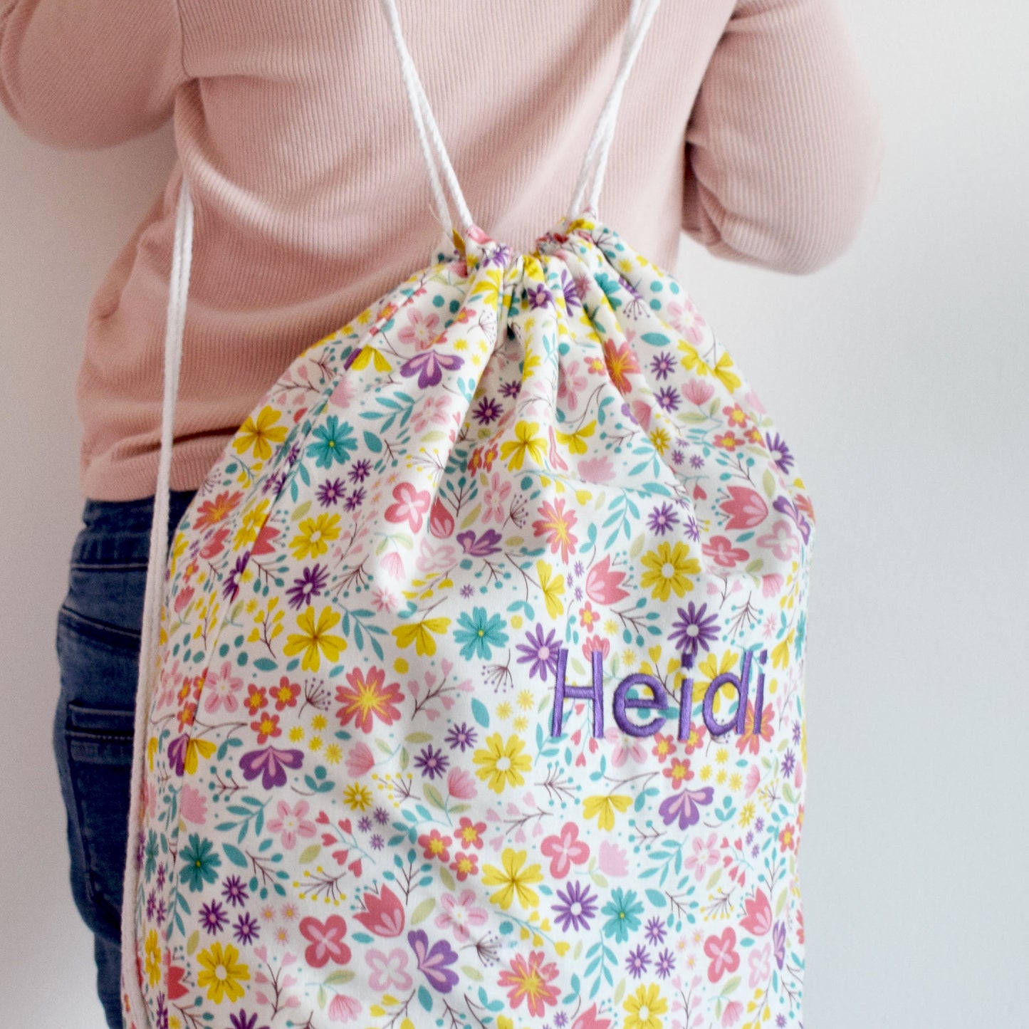 Pastel Floral Drawstring Bag