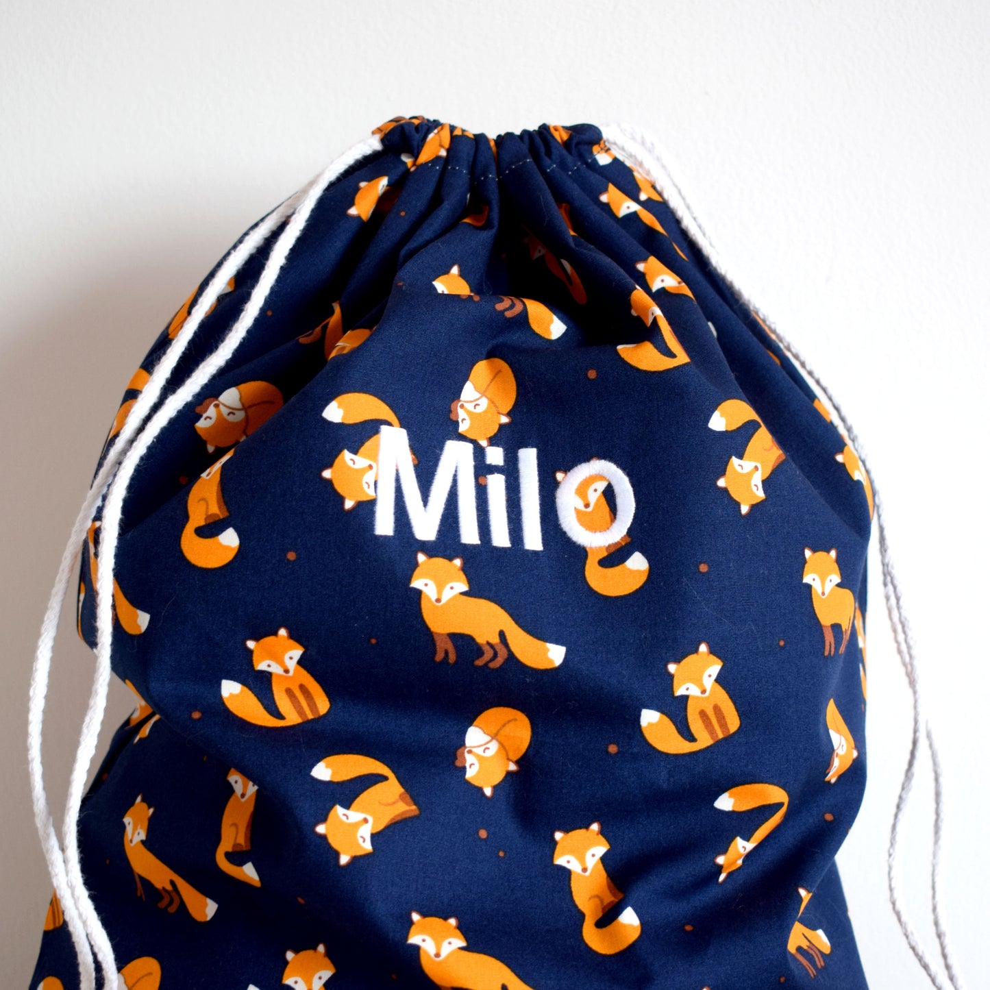 Personalised Navy Fox Drawstring Bag
