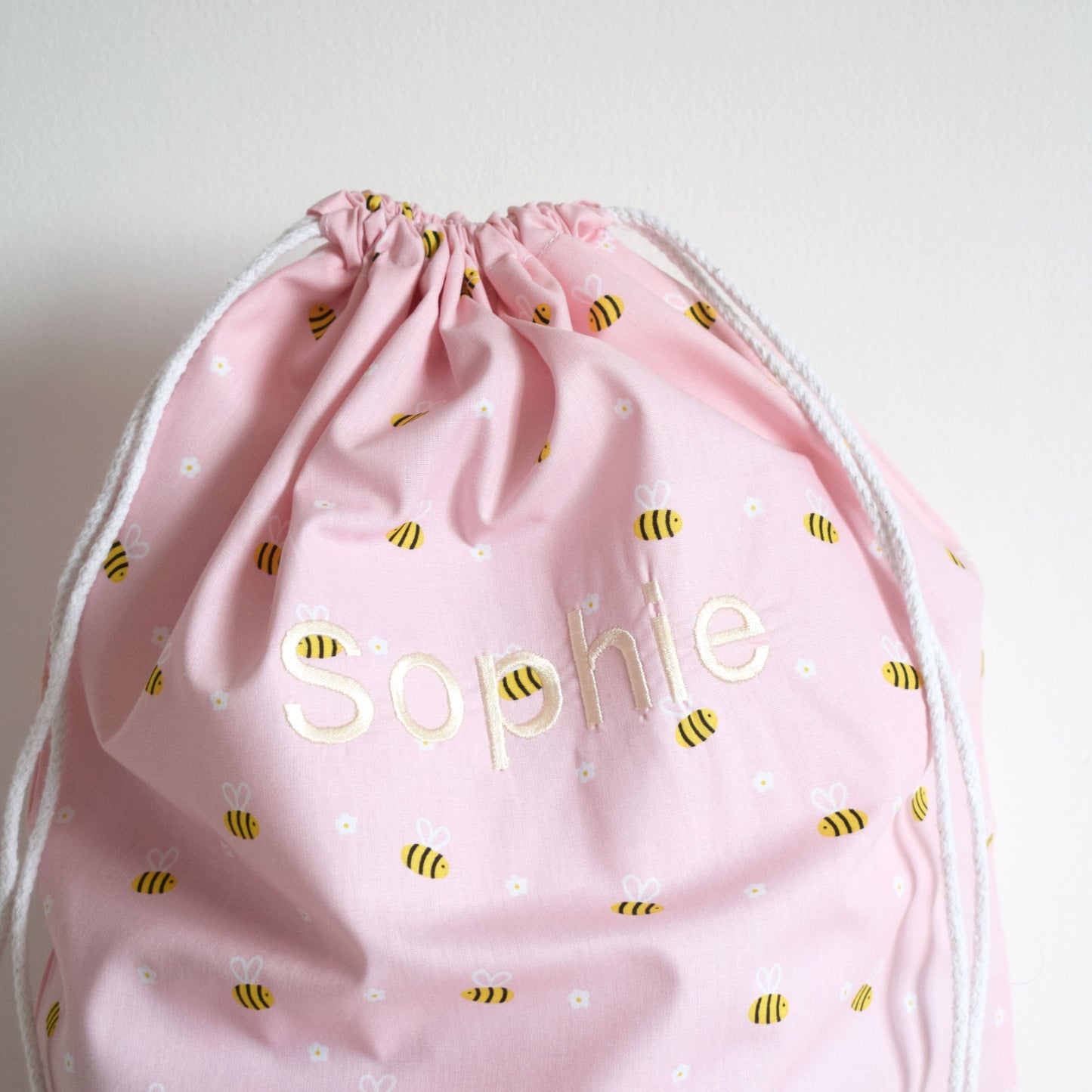 Personalised Pink Bumble Bee Drawstring Bag