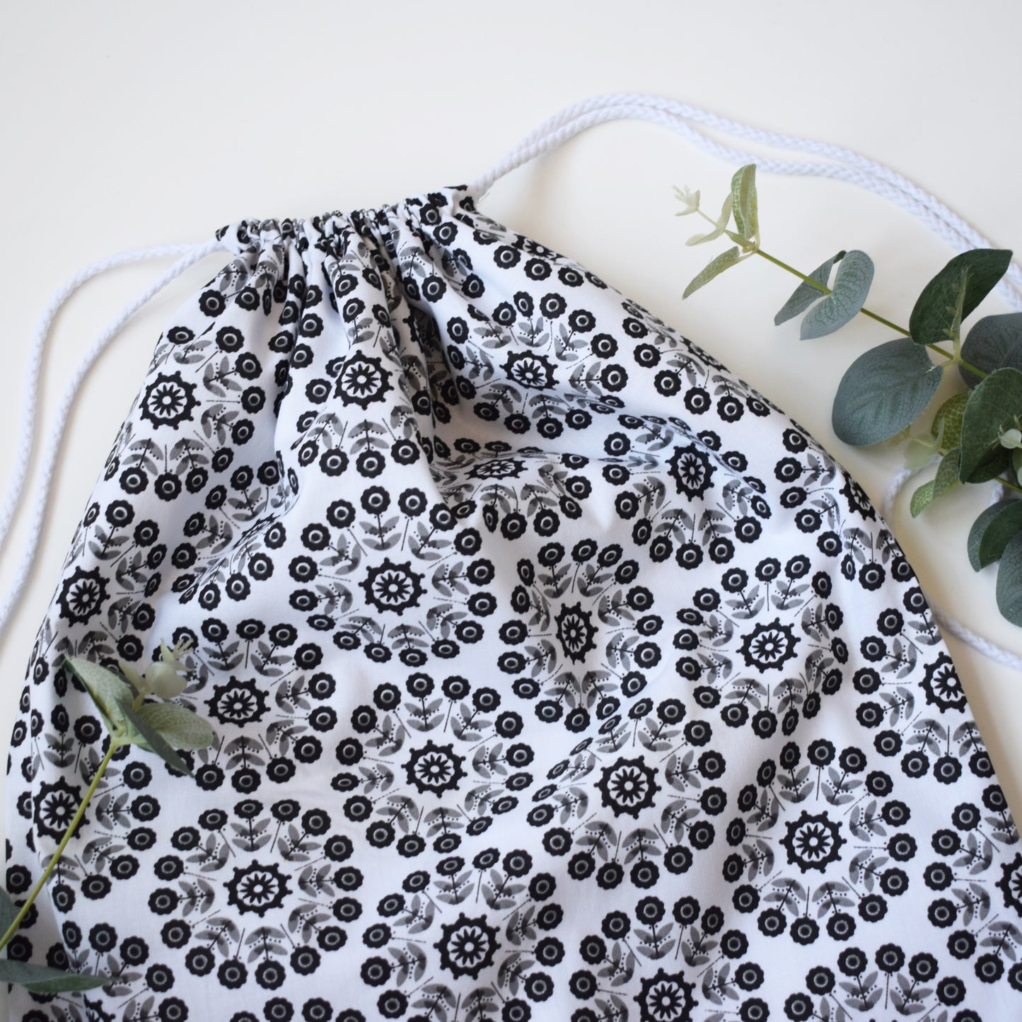 Floral Monochrome Drawstring Bag