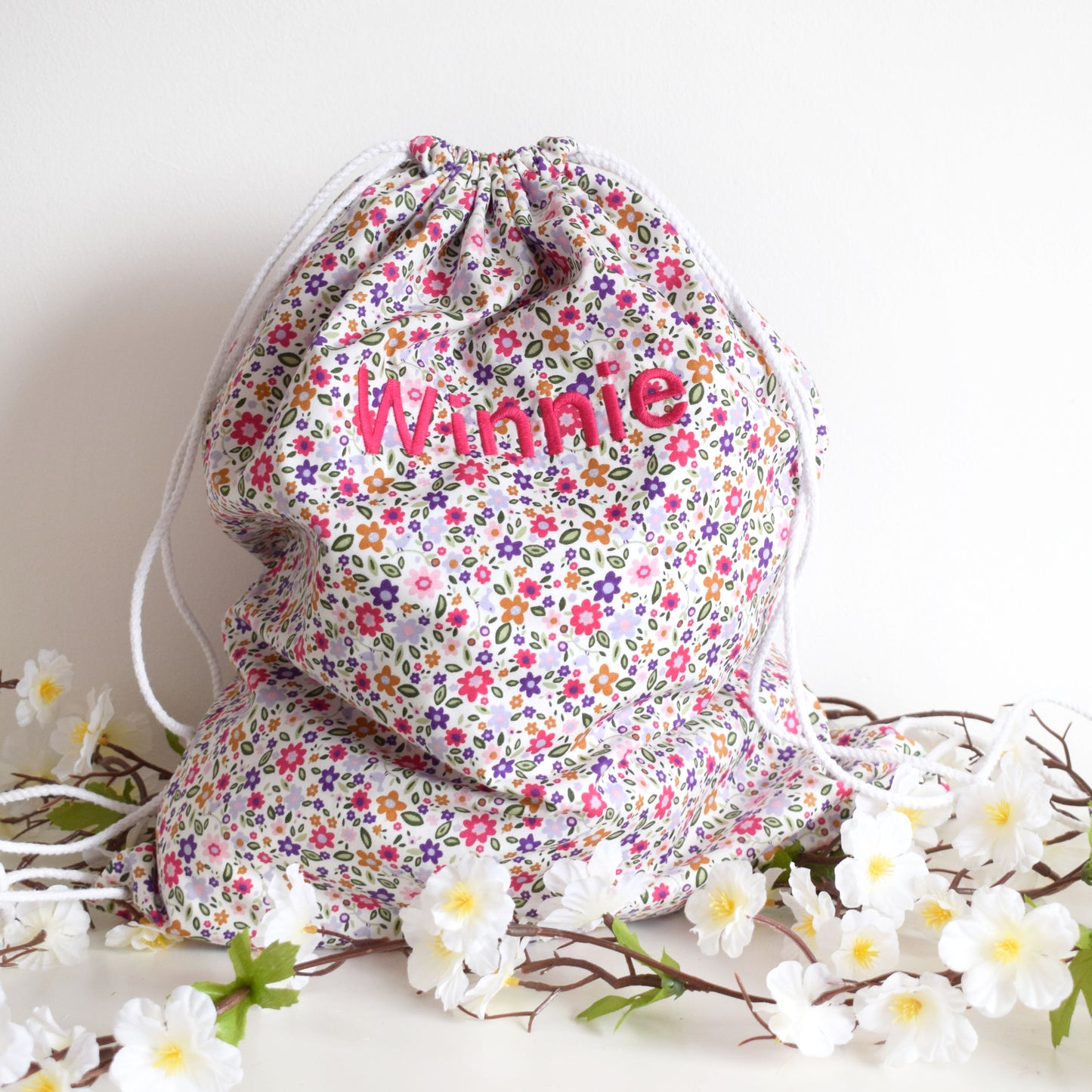 Personalised Purple and Pink Floral Drawstring Bag