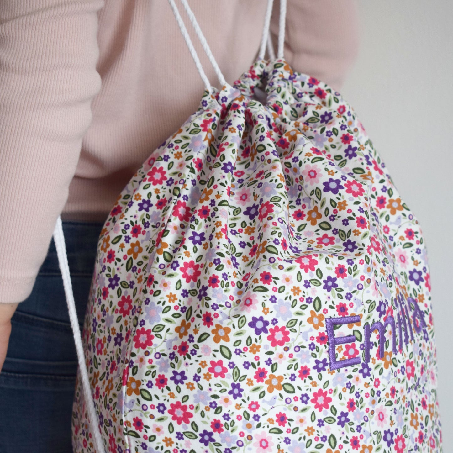 Personalised Purple and Pink Floral Drawstring Bag