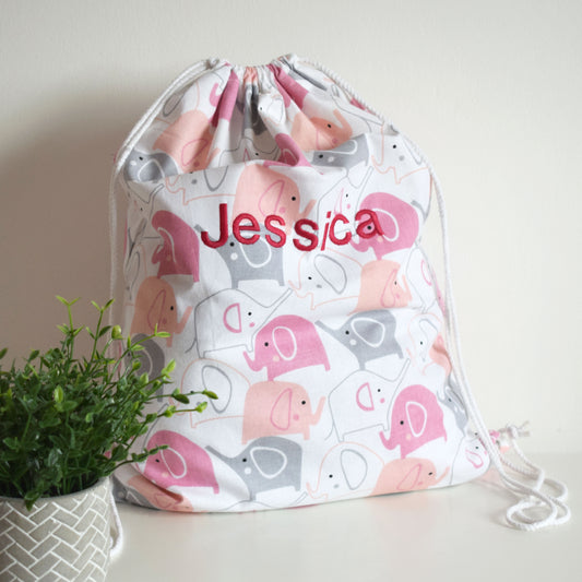 Personalised Pink Elephant Drawstring Bag