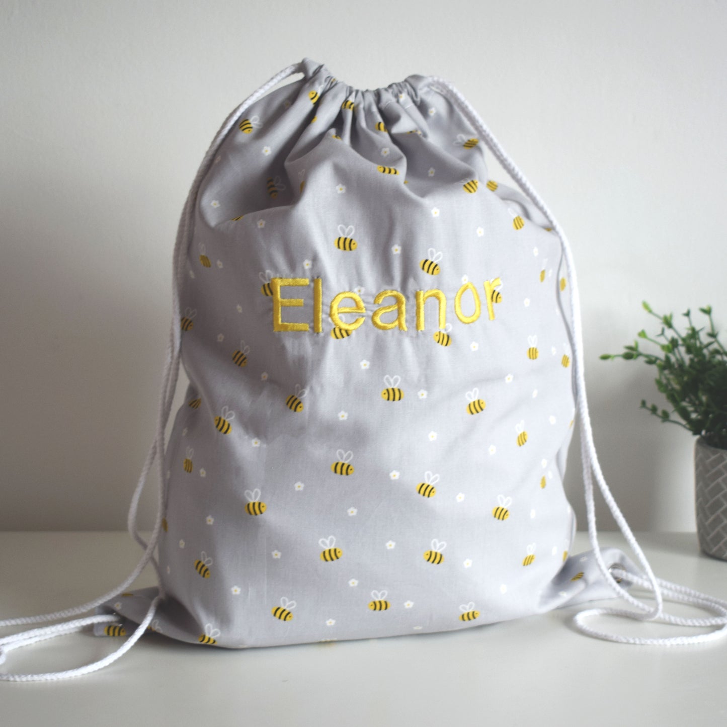 Personalised Grey Bee Drawstring Bag