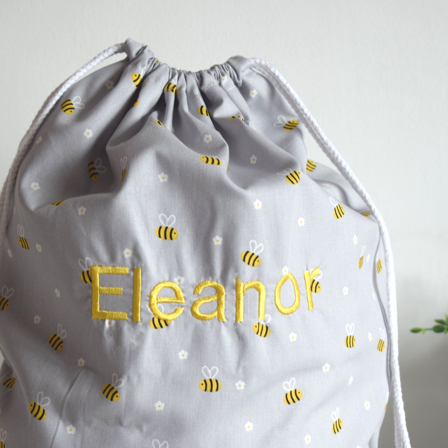 Personalised Grey Bee Drawstring Bag