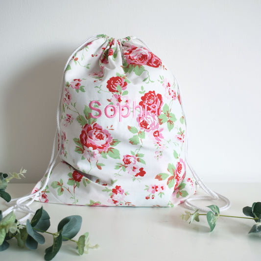 Personalised Floral Rose Drawstring Bag