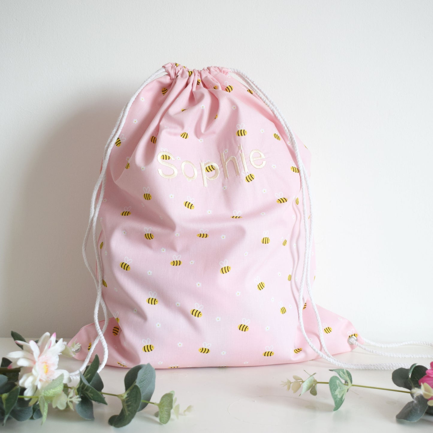 Personalised Pink Bumble Bee Drawstring Bag
